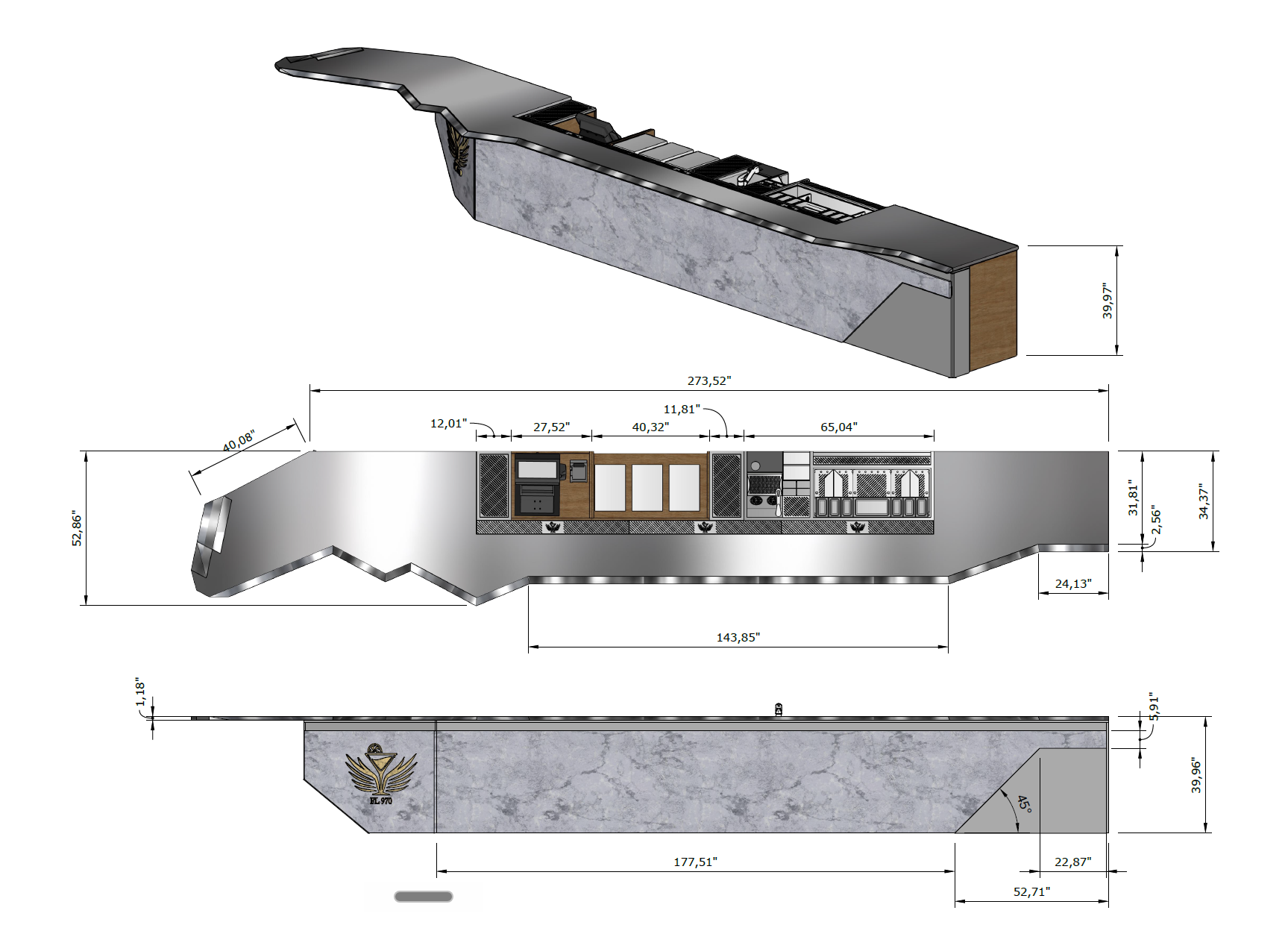 Dimensioned bar design drawing by Yu Jiang Zhao
